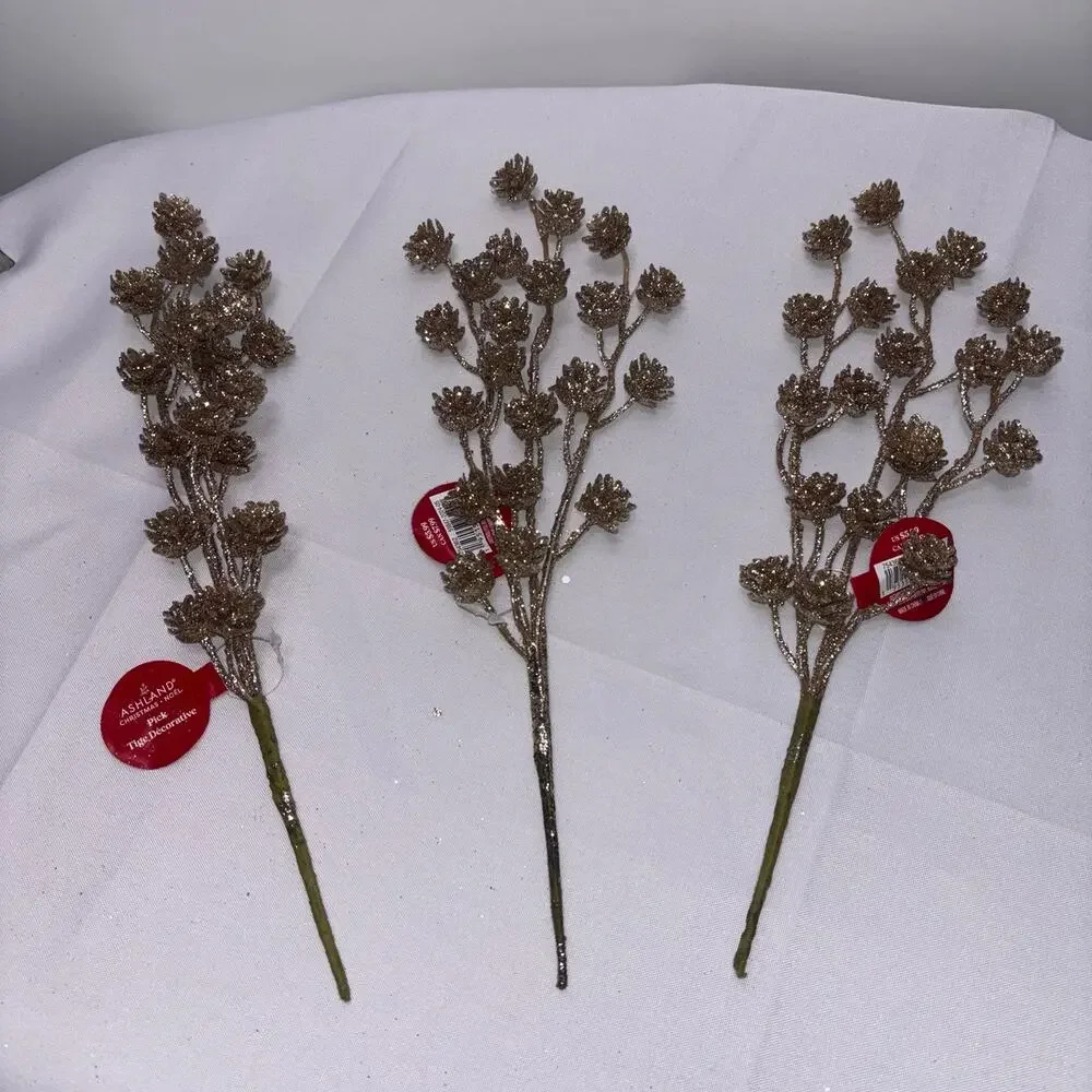 Glittery Gold Artificial Pine Cone Stems - Lot of 3